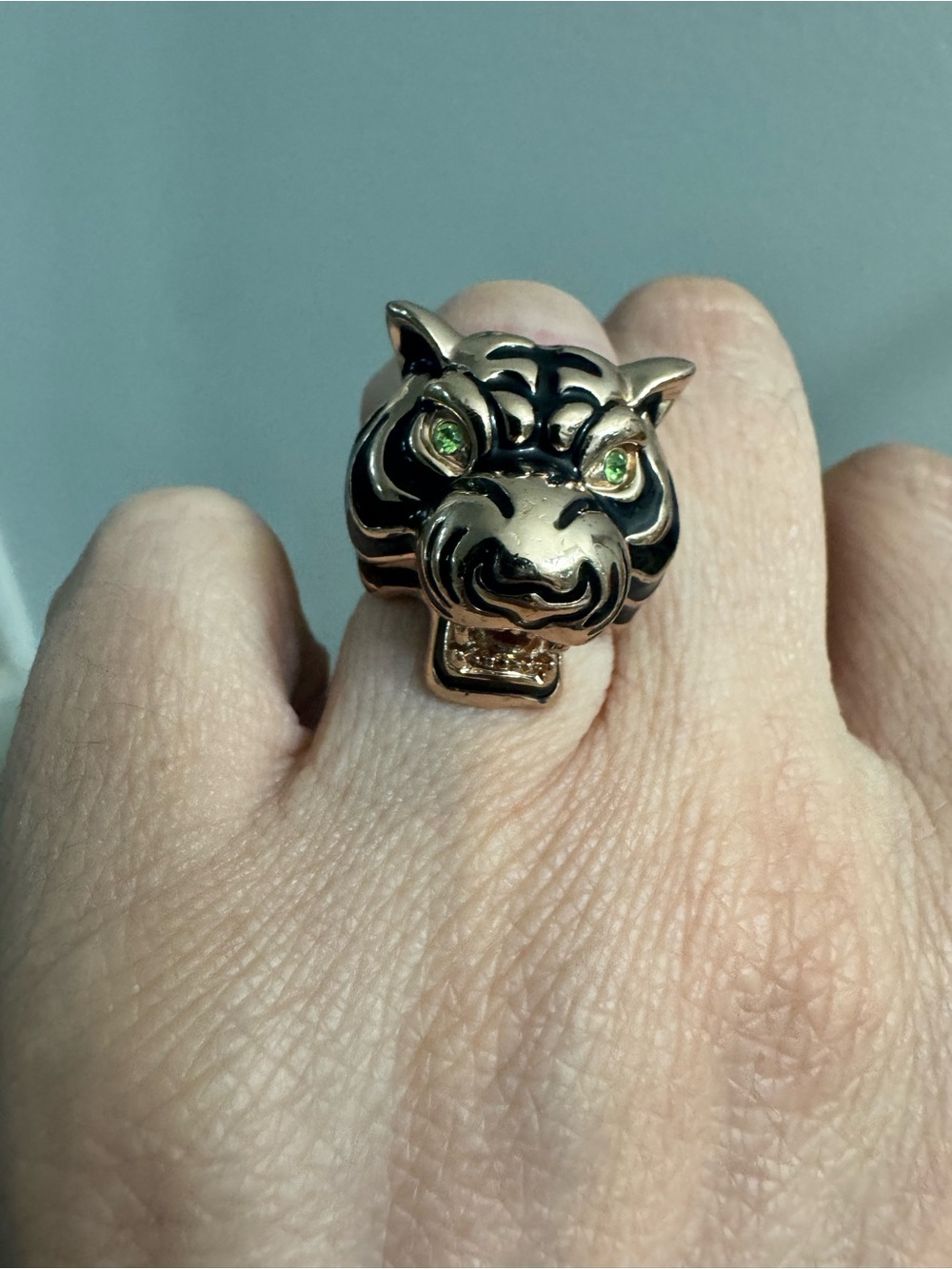 Gold Tiger Head Statement Ring with Green Eye Accents - Picture 3 of 5